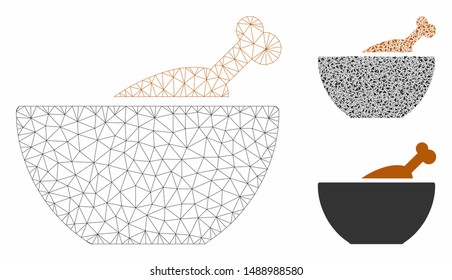 Mesh chicken soup model with triangle mosaic icon. Wire carcass triangular mesh of chicken soup. Vector mosaic of triangle parts in variable sizes, and color tinges. Abstract flat mesh chicken soup,
