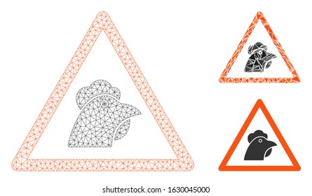 Mesh chicken warning model with triangle mosaic icon. Wire frame polygonal network of chicken warning. Vector composition of triangle parts in variable sizes, and color tones.