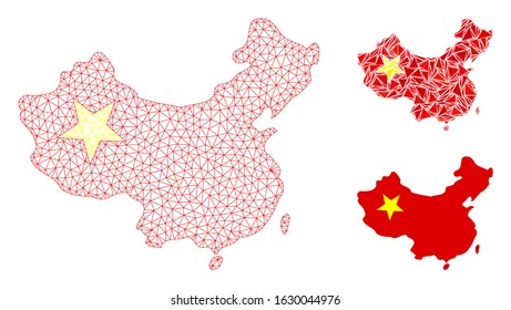Mesh China map model with triangle mosaic icon. Wire carcass triangular mesh of China map. Vector mosaic of triangle elements in different sizes, and color tones. Abstract 2d mesh China map,