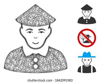 Mesh chinese farmer polygonal web symbol vector illustration. Carcass model is based on chinese farmer flat icon. Triangle network forms abstract chinese farmer flat model.