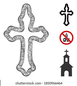 Mesh christian cross polygonal web icon vector illustration. Abstraction is based on christian cross flat icon. Triangle mesh forms abstract christian cross flat carcass.