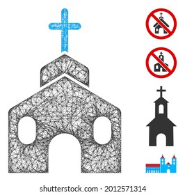 Mesh church building web icon vector illustration. Carcass model is based on church building flat icon. Mesh forms abstract church building flat model.