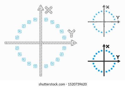 Mesh circle plot model with triangle mosaic icon. Wire carcass triangular mesh of circle plot. Vector mosaic of triangle parts in various sizes, and color tones. Abstract flat mesh circle plot,