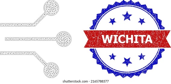 Mesh circuit links wireframe icon, and bicolor unclean Wichita stamp. Mesh wireframe symbol designed with circuit links icon. Vector watermark with Wichita text inside red ribbon and blue rosette,
