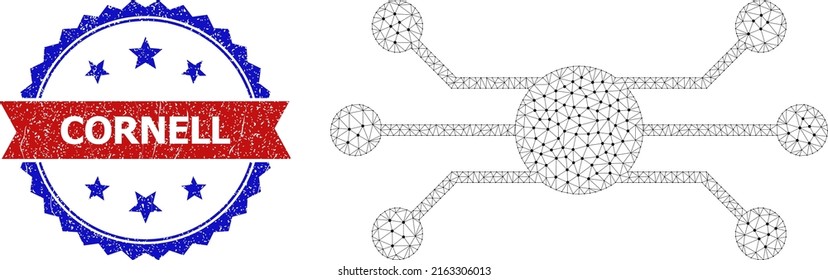 Mesh circuit node wireframe illustration, and bicolor unclean Cornell seal stamp. Mesh wireframe image based on circuit node icon. Vector seal with Cornell title inside red ribbon and blue rosette,