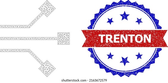 Mesh circuit nodes model icon, and bicolor dirty Trenton stamp. Mesh wireframe image designed with circuit nodes icon. Vector watermark with Trenton tag inside red ribbon and blue rosette,
