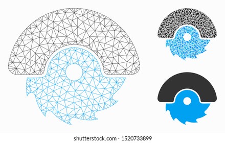 Mesh circular cutter model with triangle mosaic icon. Wire frame triangular mesh of circular cutter. Vector composition of triangle elements in different sizes, and color tones.