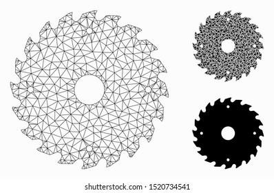 Mesh circular saw blade model with triangle mosaic icon. Wire carcass polygonal mesh of circular saw blade. Vector mosaic of triangle elements in various sizes, and color tinges.