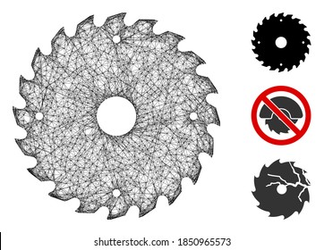 Rundsägeblatt aus Mesh, polygonal, 2d, Vektorgrafik. Das Modell basiert auf einem flachen Symbol mit kreisförmigem Sägeblatt. Dreieckige Maschen bilden abstraktes Rundsägeblattmodell.