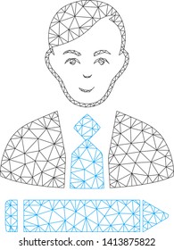 Mesh clerk polygonal 2d vector illustration. Carcass model is based on clerk flat icon. Triangle network forms abstract clerk flat model.