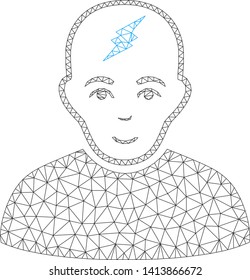 Mesh clever boy polygonal 2d vector illustration. Carcass model is based on clever boy flat icon. Triangle mesh forms abstract clever boy flat model.