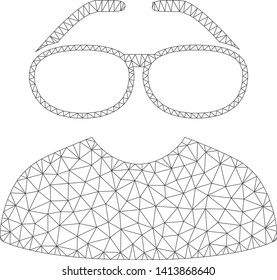 Mesh clever spectacles polygonal icon vector illustration. Carcass model is based on clever spectacles flat icon. Triangular mesh forms abstract clever spectacles flat model.