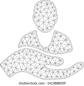 Mesh client care hand polygonal 2d vector illustration. Carcass model is based on client care hand flat icon. Triangular mesh forms abstract client care hand flat carcass.