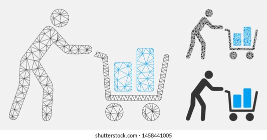 Mesh cliente con modelo de carro de compra con icono de mosaico triangular. Malla poligonal de carcascos de alambre de cliente con carro de la compra. Mosaico vectorial de elementos triangulares de varios tamaños y tintes de color.