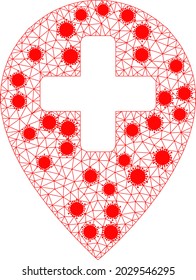Mesh clinic map pointer polygonal icon vector illustration, with coronavirus items. Carcass model is based on clinic map pointer flat icon, with covid elements and polygonal mesh.
