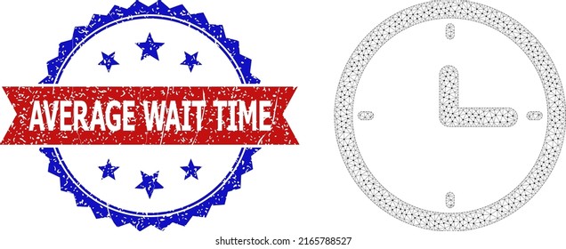 Mesh clock framework icon, and bicolor textured Average Wait Time seal. Mesh carcass symbol designed with clock icon. Vector imprint with Average Wait Time caption inside red ribbon and blue rosette,