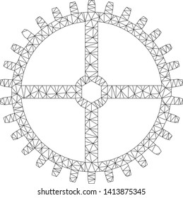 Mesh clock gear polygonal 2d vector illustration. Carcass model is based on clock gear flat icon. Triangular network forms abstract clock gear flat carcass.