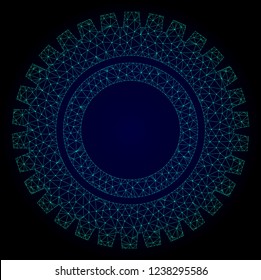Mesh clock gear polygonal illustration. Abstract mesh lines, triangles and points on dark background with clock gear. Wire frame 2D polygonal line network in vector format on a dark blue background.