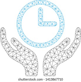 Mesh clock maintenance polygonal 2d vector illustration. Carcass model is based on clock maintenance flat icon. Triangular network forms abstract clock maintenance flat carcass.