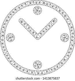 Mesh clock polygonal 2d vector illustration. Carcass model is based on clock flat icon. Triangle mesh forms abstract clock flat model.