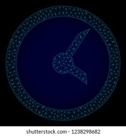 Mesh clock polygonal illustration. Abstract mesh lines, triangles and points on dark background with clock. Wire frame 2D polygonal line network in vector format on a dark blue background.