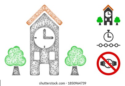 Mesh clock tower polygonal web 2d vector illustration. Carcass model is created from clock tower flat icon. Triangular network forms abstract clock tower flat model.