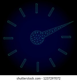 Mesh clockface polygonal illustration. Abstract mesh lines, triangles and points on dark background with clockface. Wire frame 2D polygonal line network in vector format on a dark blue background.