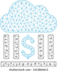 Mesh cloud bank polygonal icon vector illustration. Carcass model is based on cloud bank flat icon. Triangle mesh forms abstract cloud bank flat model.