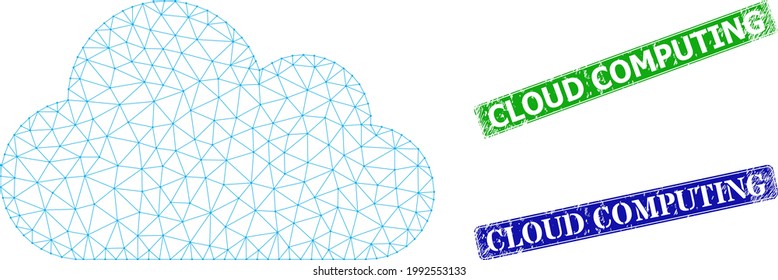 Mesh cloud image, and Cloud Computing blue and green rectangle textured seal prints. Mesh carcass image is based on cloud icon. Stamp seals have Cloud Computing caption inside rectangular form.