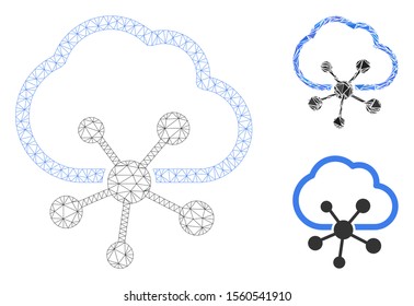 Mesh cloud network model with triangle mosaic icon. Wire frame triangular network of cloud network. Vector mosaic of triangle elements in various sizes, and color tones.