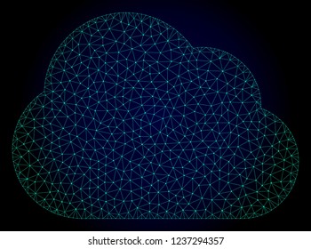 Mesh cloud polygonal illustration. Abstract mesh lines, triangles and points on dark background with cloud. Wire frame 2D polygonal line network in vector format on a dark blue background.