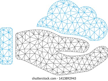 Mesh cloud service hand polygonal icon vector illustration. Carcass model is based on cloud service hand flat icon. Triangular network forms abstract cloud service hand flat model.