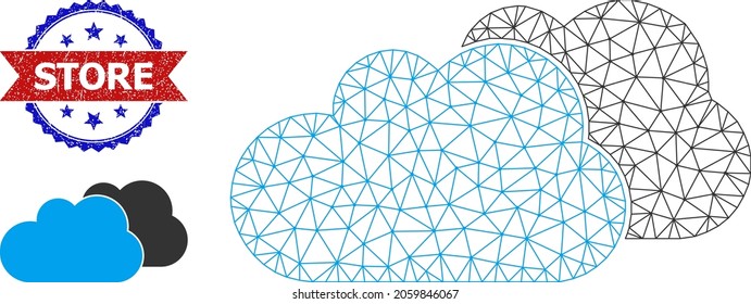 Mesh clouds carcass illustration, and bicolor textured Store seal. Mesh carcass image is designed with clouds pictogram. Vector imprint with Store tag inside red ribbon and blue rosette,