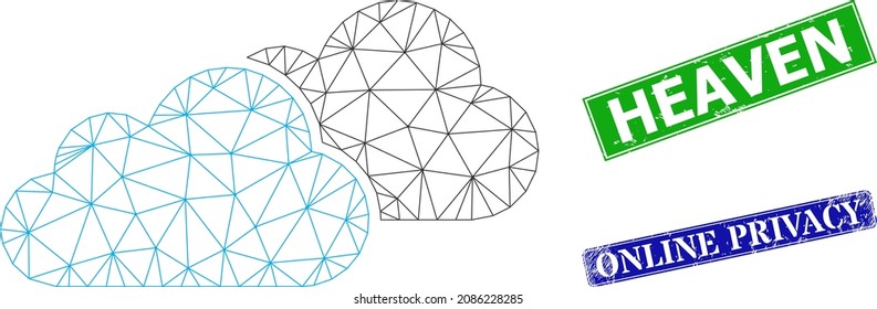 Modelo de nubes de malla y marcas de caucho de rectángulo azul y verde celestial. Símbolo de la canal de malla basado en el icono de las nubes. Los sellos de sello incluyen el texto Heaven dentro del marco de rectángulo.