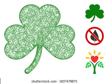 Mesh clover leaf polygonal web icon vector illustration. Carcass model is based on clover leaf flat icon. Triangle network forms abstract clover leaf flat carcass.