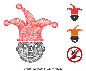 Mesh clown head polygonal web 2d vector illustration. Carcass model is based on clown head flat icon. Triangle net forms abstract clown head flat carcass.