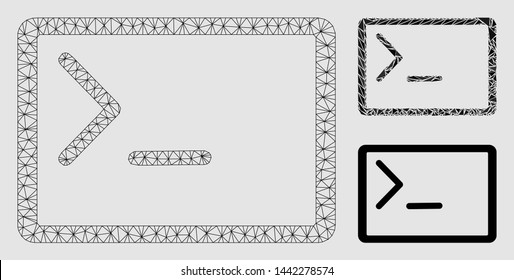 Mesh coding console model with triangle mosaic icon. Wire frame triangular network of coding console. Vector mosaic of triangles in variable sizes and color tones.