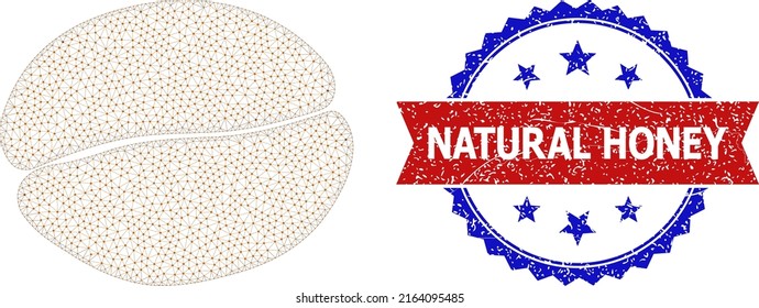 Mesh Kaffee-Rahmen Illustration, und bicolor schmutzigen Natural Honey-Siegel. Die Mash-Wireframe-Illustration basiert auf dem Symbol der Kaffeebohnen.