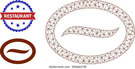 Mesh coffee bean framework icon, and bicolor scratched Restaurant watermark. Polygonal wireframe illustration designed with coffee bean pictogram.