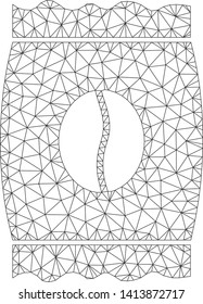Mesh coffee bean pack polygonal 2d vector illustration. Carcass model is based on coffee bean pack flat icon. Triangular mesh forms abstract coffee bean pack flat carcass.