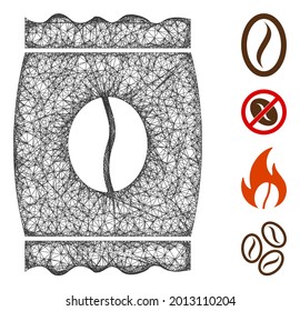 Mesh coffee bean pack web 2d vector illustration. Carcass model is created from coffee bean pack flat icon. Mesh forms abstract coffee bean pack flat carcass.