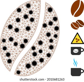 Mesh coffee bean polygonal symbol vector illustration, with black infection items. Carcass model is based on coffee bean flat icon, with virus items and triangular mesh.