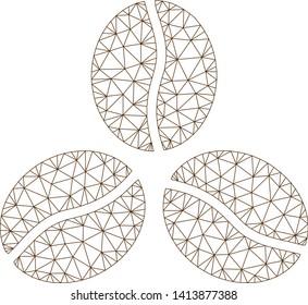 Mesh coffee beans polygonal 2d vector illustration. Carcass model is based on coffee beans flat icon. Triangular mesh forms abstract coffee beans flat model.