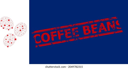 Mesh coffee beans polygonal 2d vector illustration, and red COFFEE BEANS grunge rubber print. Carcass model is created from coffee beans flat icon, with stars and polygonal net.