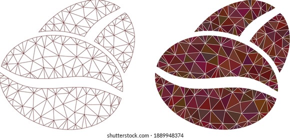 Mesh Kaffeebohnen polygonale Icon Illustrationen, gefüllt und Schlachtkörper Versionen. Vektornetz Kaffeebohnen Symbole. Wire Carcass und gefüllte, abstrakte Bilder mit Flachnetz basierend auf dem Symbol für Kaffeebohnen.