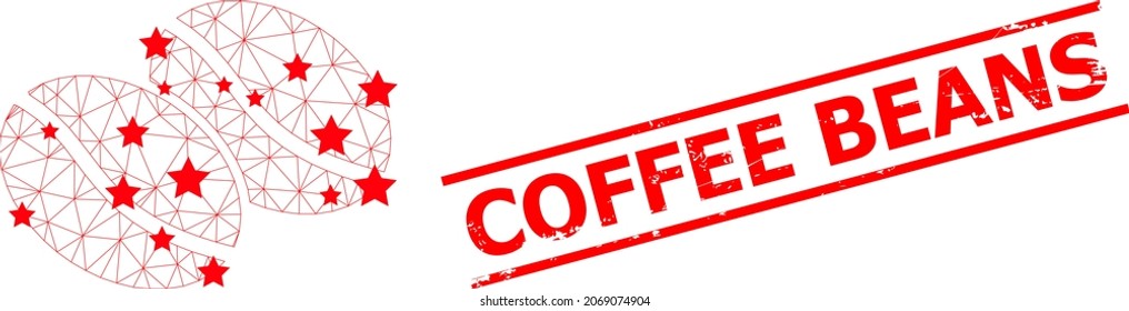 Mesh coffee beans polygonal icon vector illustration, and red COFFEE BEANS rubber stamp print. Carcass model is created from coffee beans flat icon, with stars and triangular mesh.