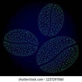 Mesh coffee beans polygonal illustration. Abstract mesh lines, triangles and points on dark background with coffee beans.