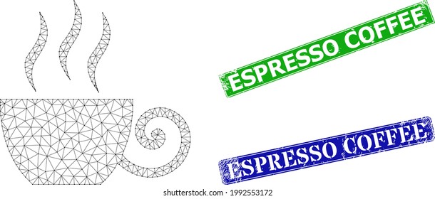 Mesh coffee cup image, and Espresso Coffee blue and green rectangle dirty seals. Polygonal carcass illustration is based on coffee cup pictogram.