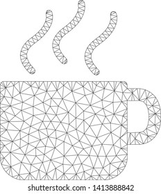 Mesh coffee cup polygonal 2d vector illustration. Carcass model is based on coffee cup flat icon. Triangular mesh forms abstract coffee cup flat model.