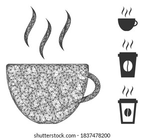 Ilustración vectorial de icono web poligonal de taza de café de malla. El modelo se basa en un icono plano de taza de café. La red triangular forma un modelo abstracto de taza de café de taza plana.
